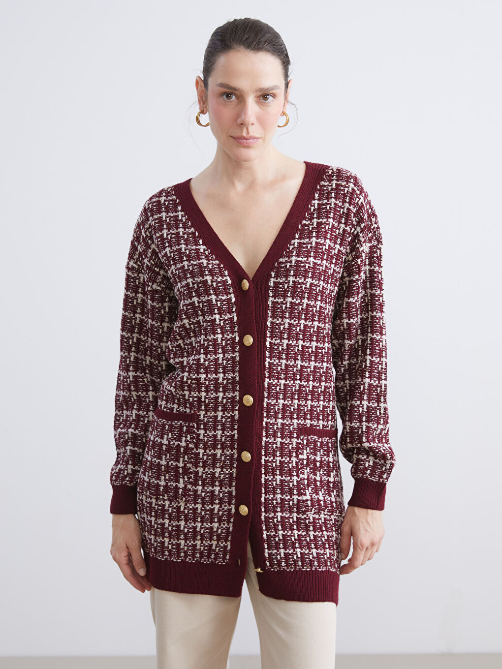 V Neck Patterned Women's Knitwear Cardigan-1