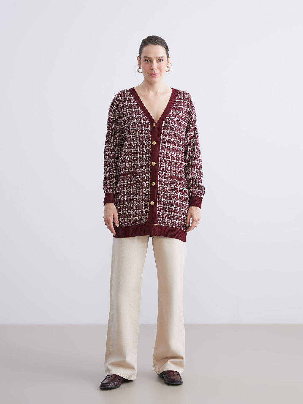 V Neck Patterned Women's Knitwear Cardigan-2