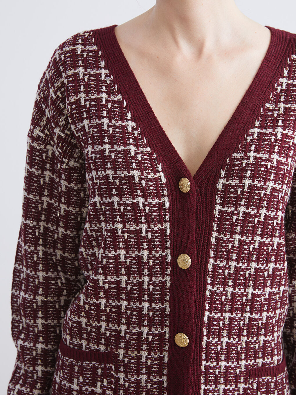 V Neck Patterned Women's Knitwear Cardigan-4