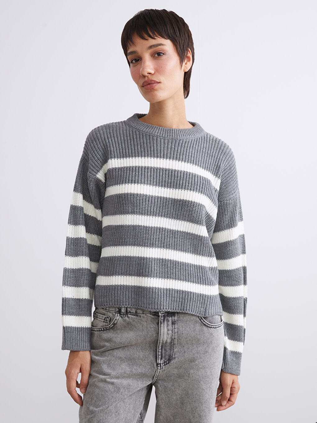 Pull-over Rayé Col rond Surdimensionné pour Femmes en Tricot