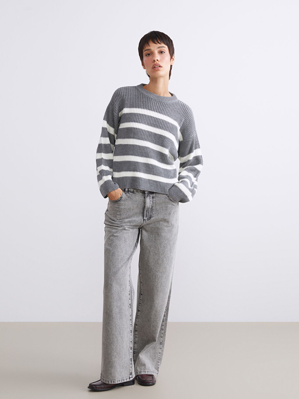 Pull-over Rayé Col rond Surdimensionné pour Femmes en Tricot-1