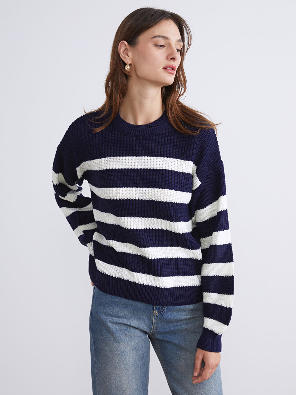Crew Neck Striped Oversize Women's Knitwear Sweater