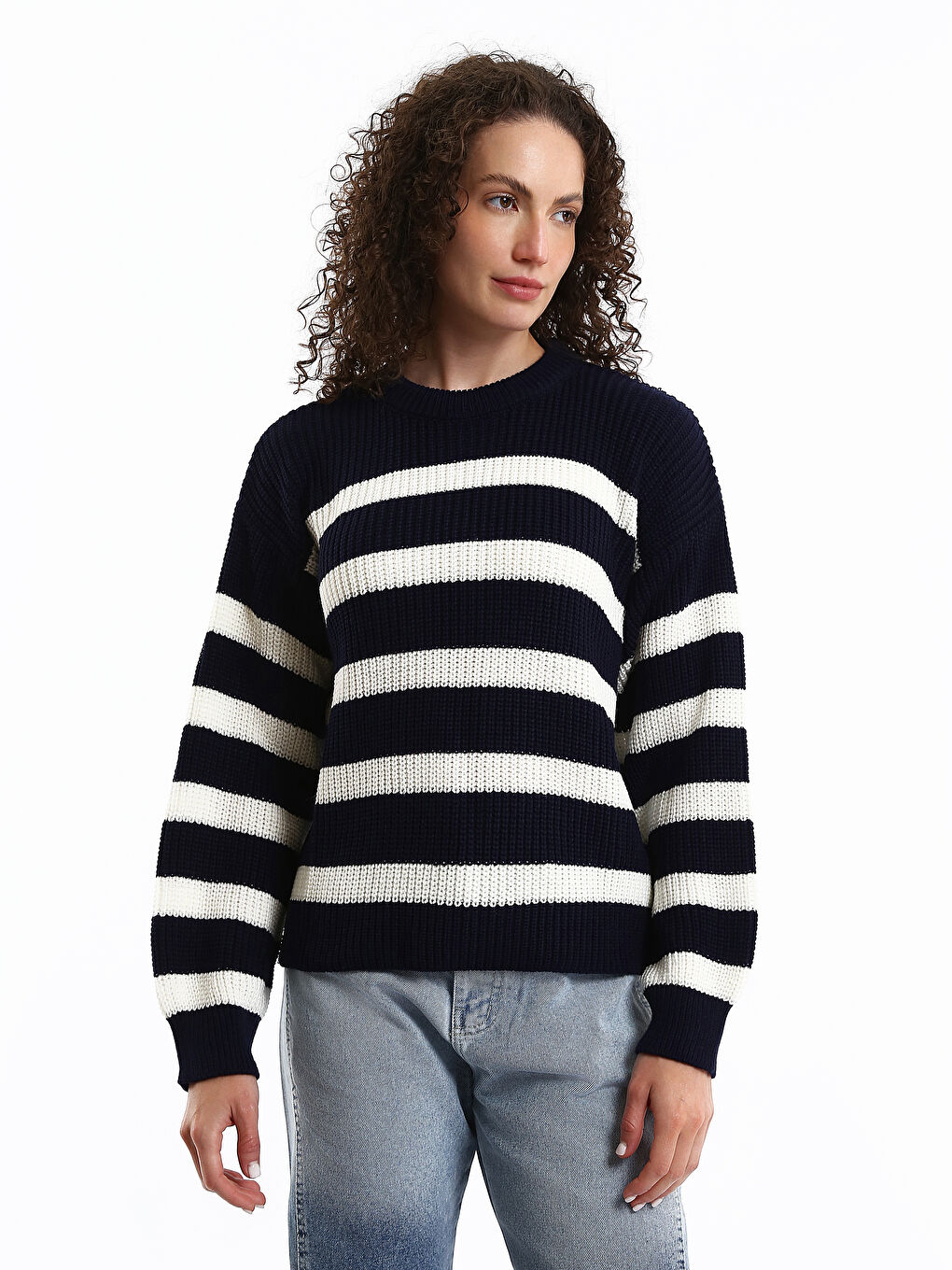 Crew Neck Striped Oversize Women's Knitwear Sweater-1