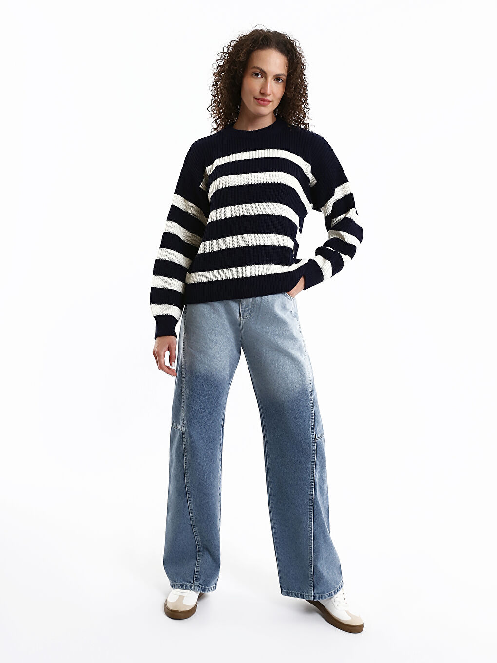 Crew Neck Striped Oversize Women's Knitwear Sweater-2