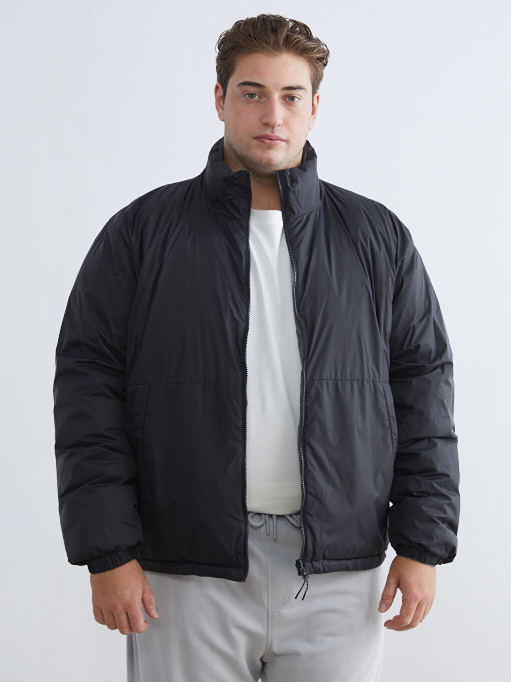 Siyah Rahat Kalıp Dik Yaka Erkek Şişme Mont-1