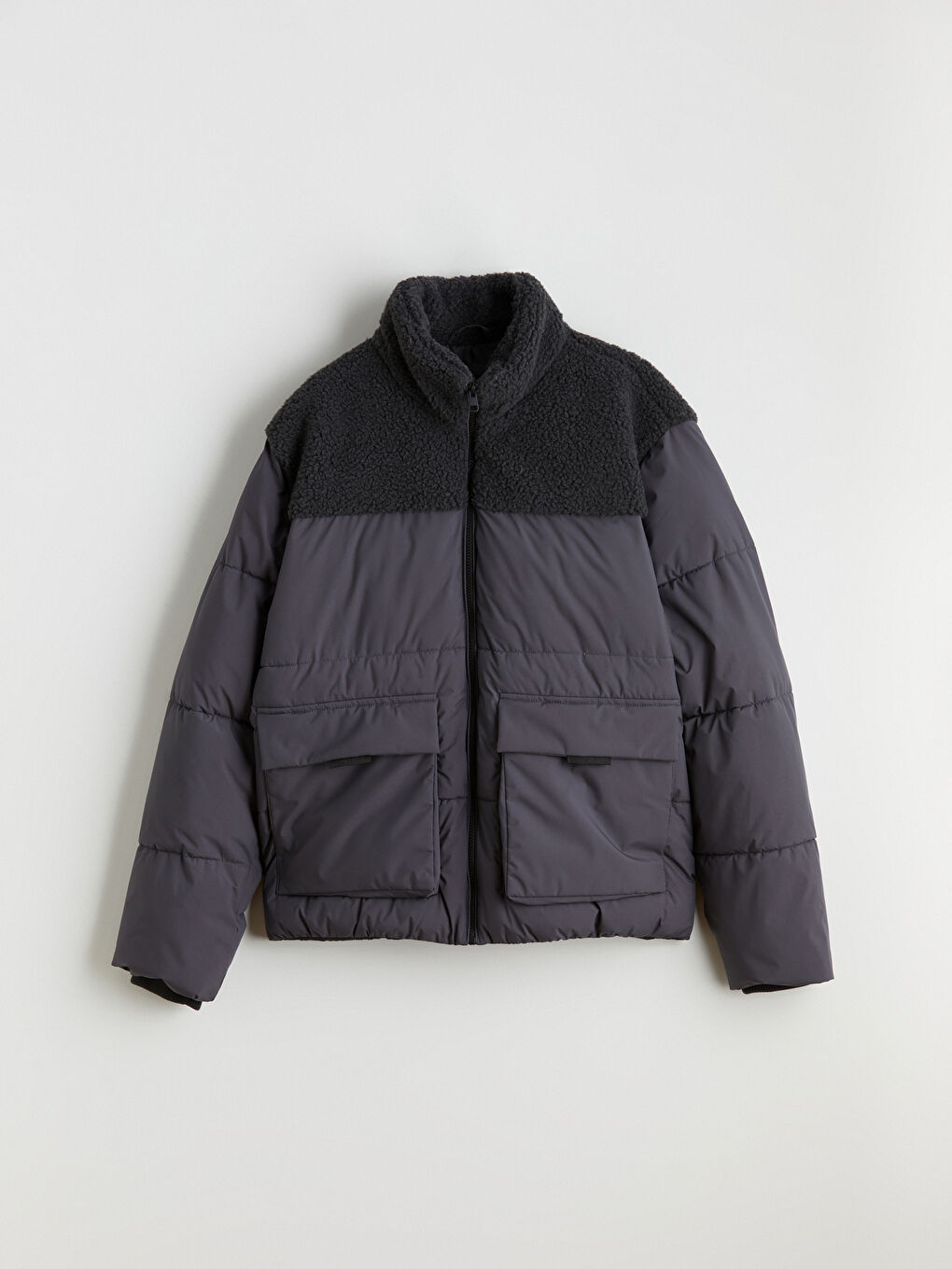 Gri Standart Kalıp Dik Yaka Erkek Şişme Mont-5