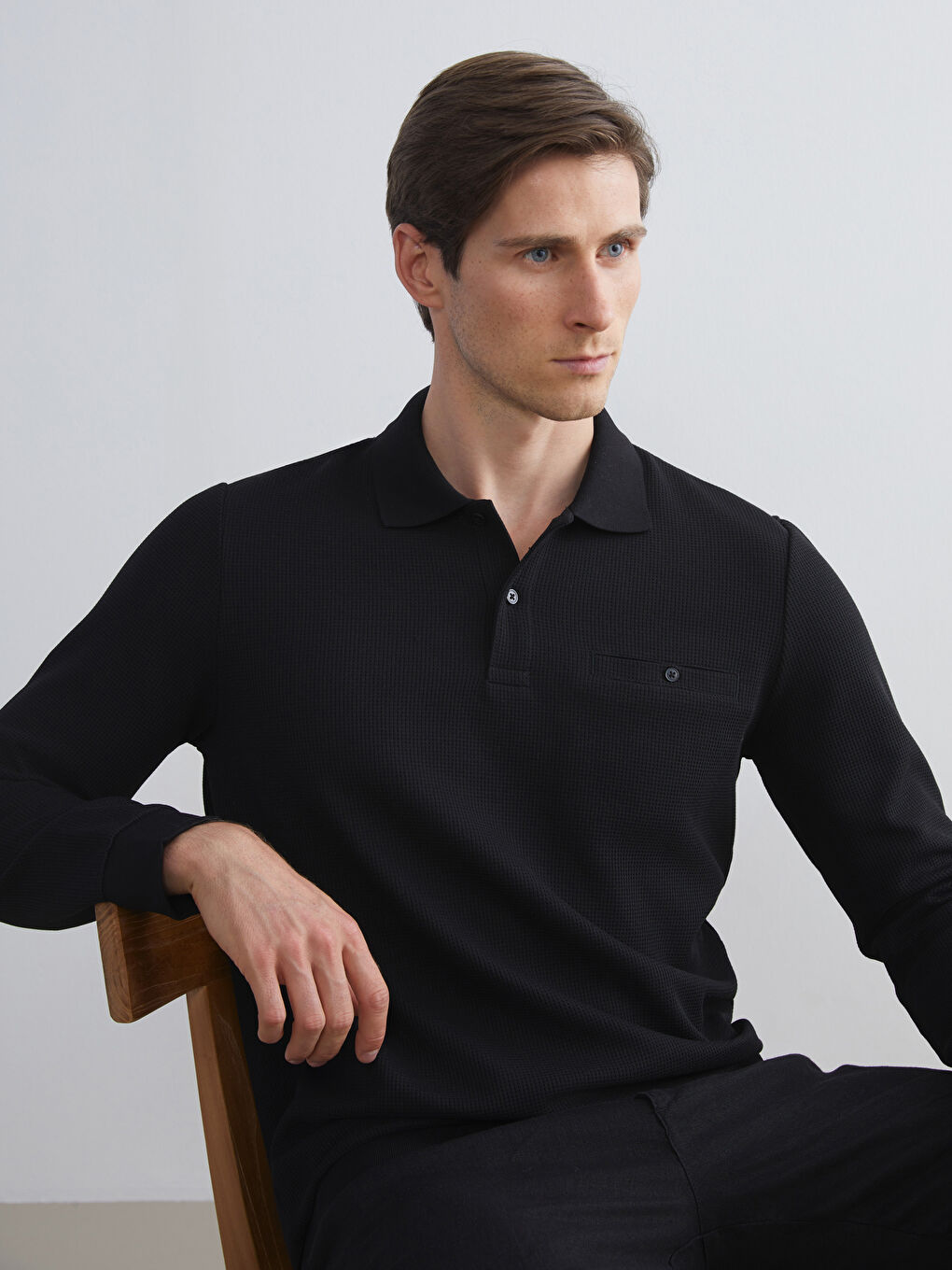 Siyah Polo Yaka Uzun Kollu Erkek Sweatshirt