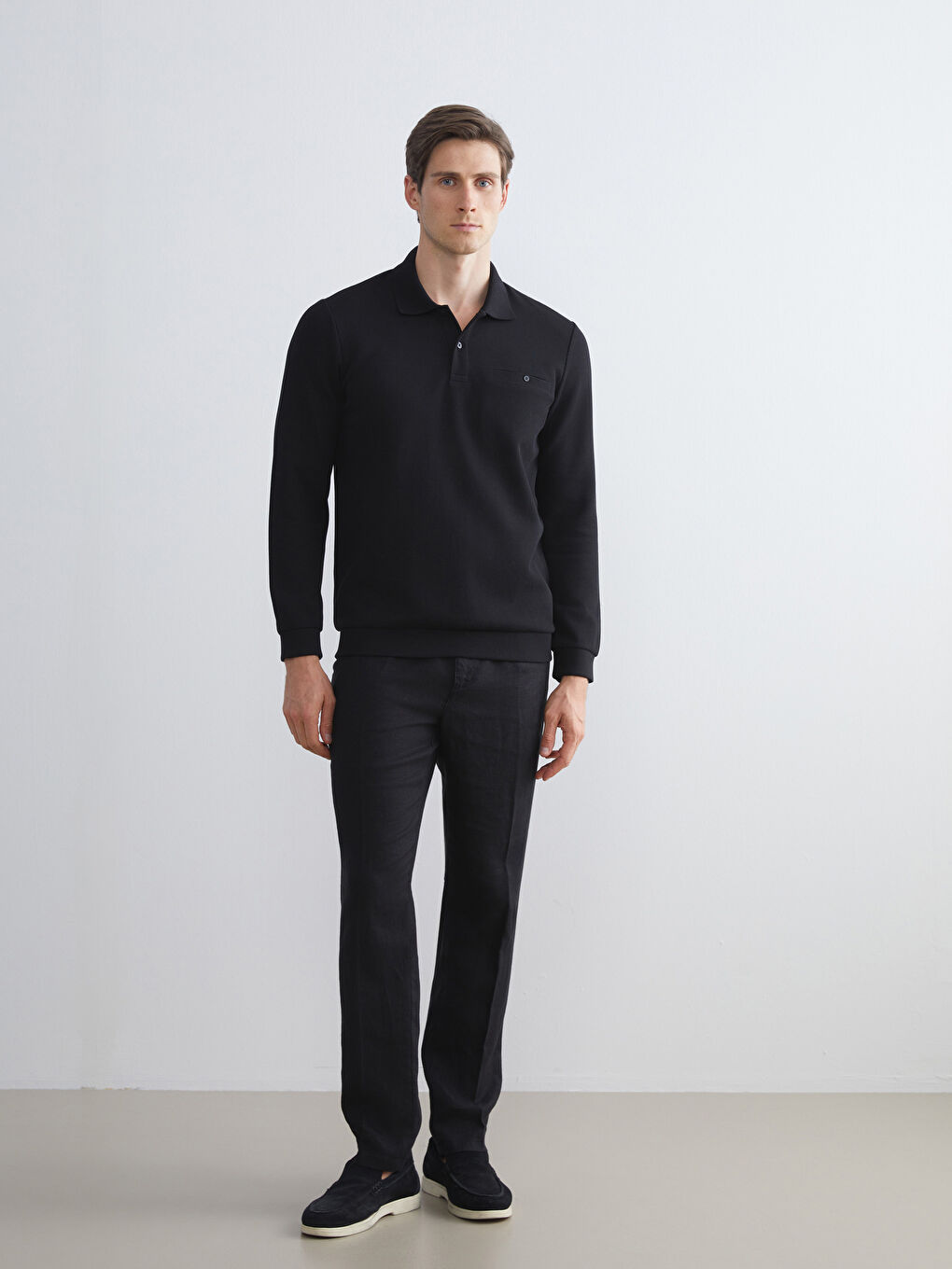 Siyah Polo Yaka Uzun Kollu Erkek Sweatshirt-1