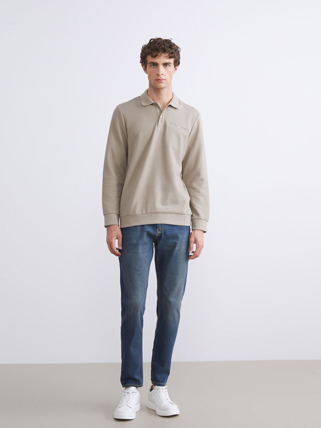 Bej Polo Yaka Uzun Kollu Erkek Sweatshirt-1