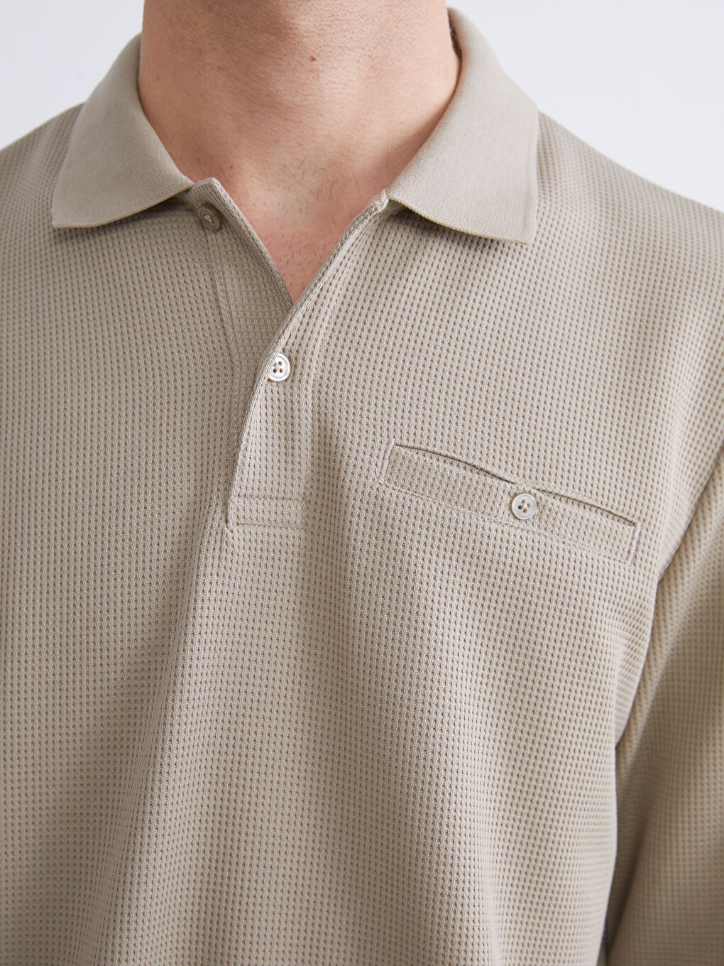 Bej Polo Yaka Uzun Kollu Erkek Sweatshirt-2