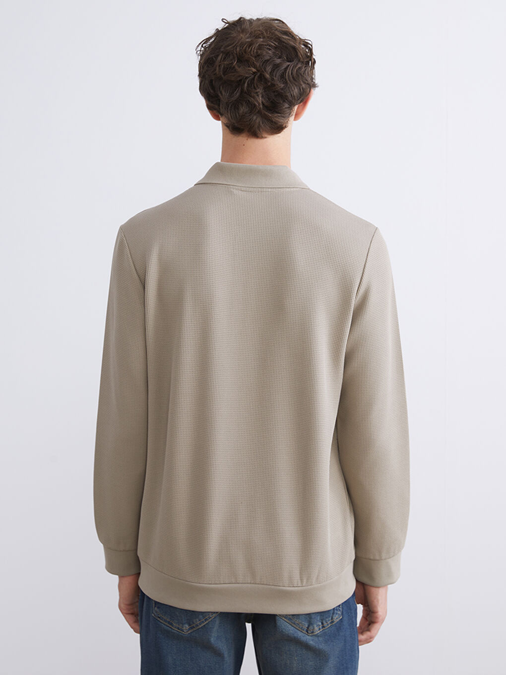 Bej Polo Yaka Uzun Kollu Erkek Sweatshirt-3