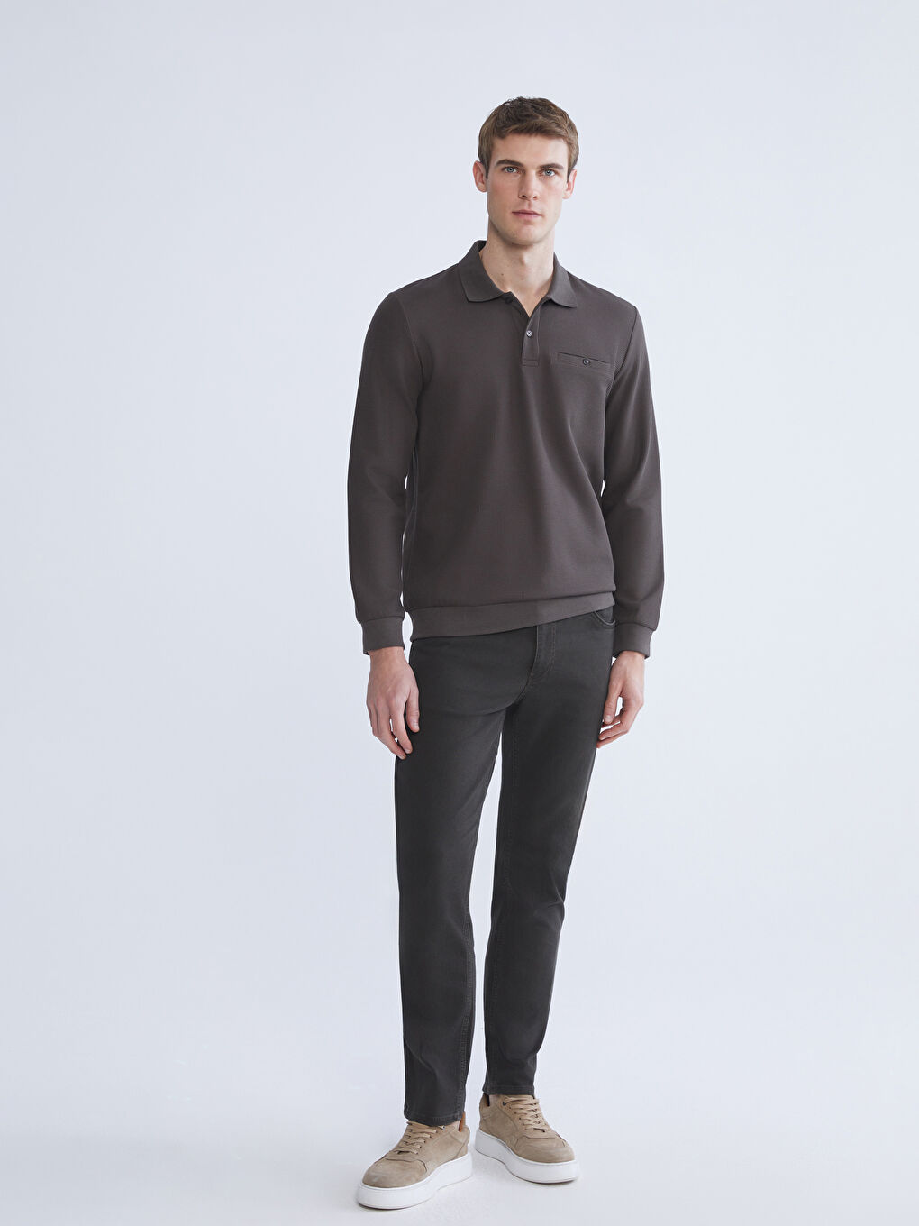 Haki Polo Yaka Uzun Kollu Erkek Sweatshirt-1