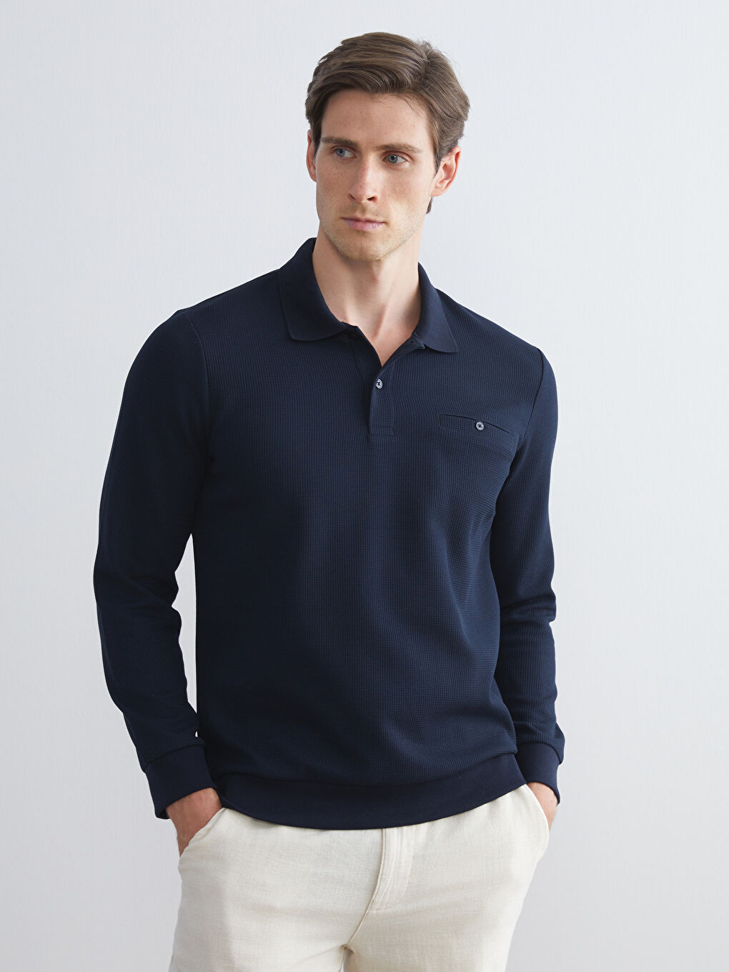 Lacivert Polo Yaka Uzun Kollu Erkek Sweatshirt-1