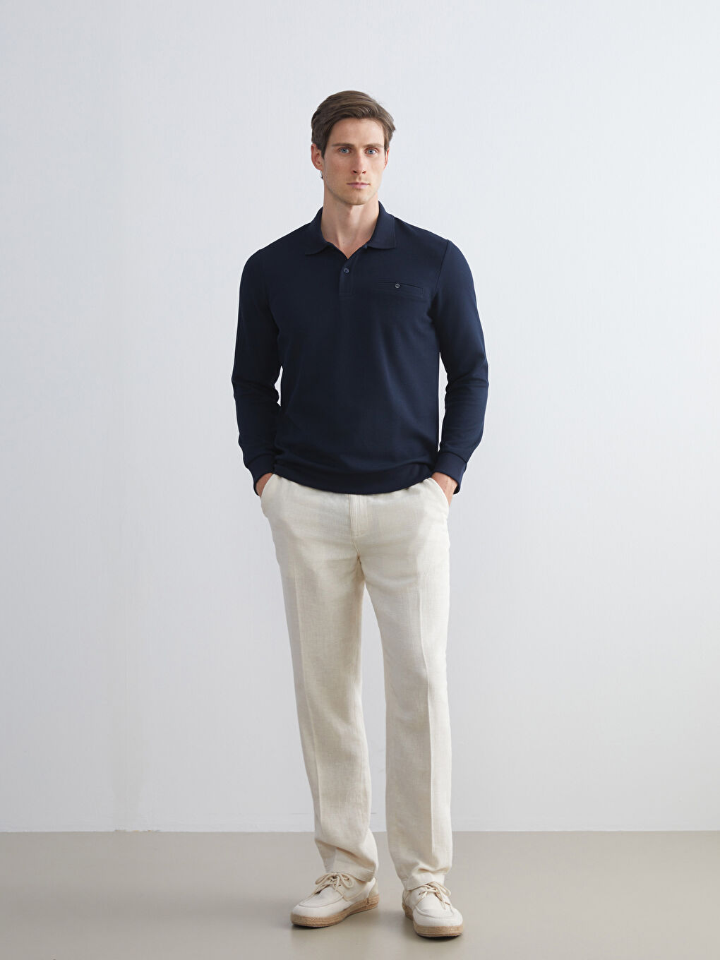 Lacivert Polo Yaka Uzun Kollu Erkek Sweatshirt-2