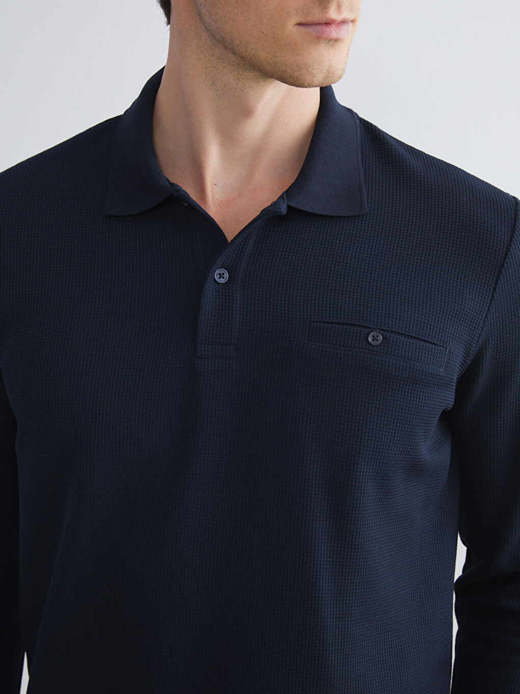 Lacivert Polo Yaka Uzun Kollu Erkek Sweatshirt-4