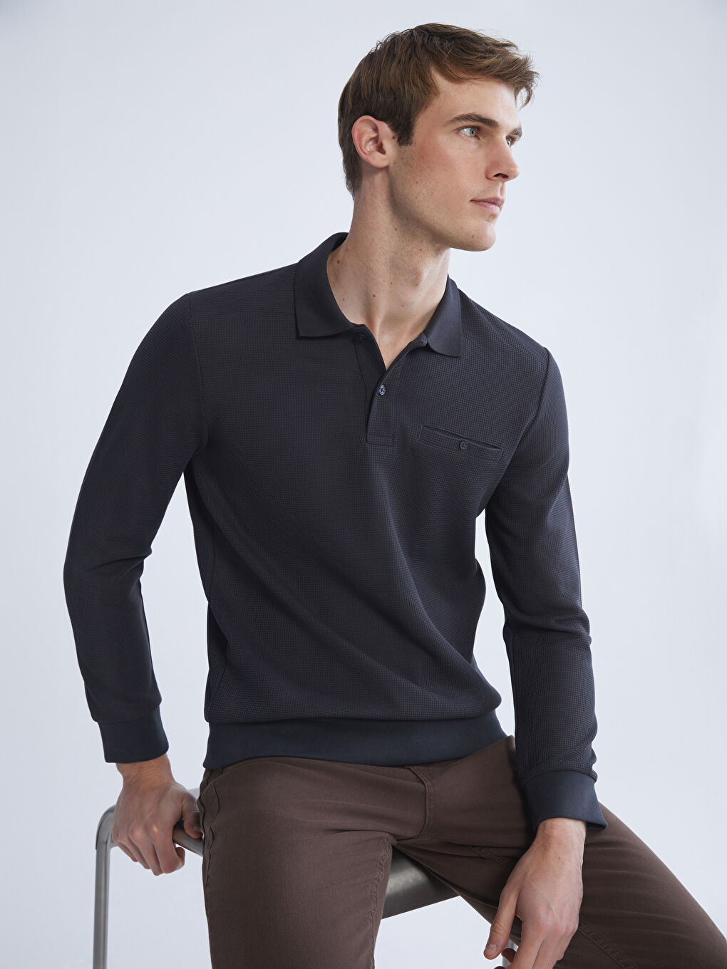 Antrasit Polo Yaka Uzun Kollu Erkek Sweatshirt-1