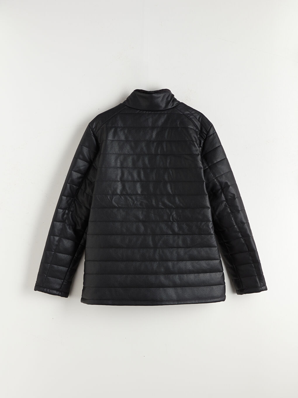 Siyah Standart Kalıp Dik Yaka Erkek Deri Görünümlü Mont-6