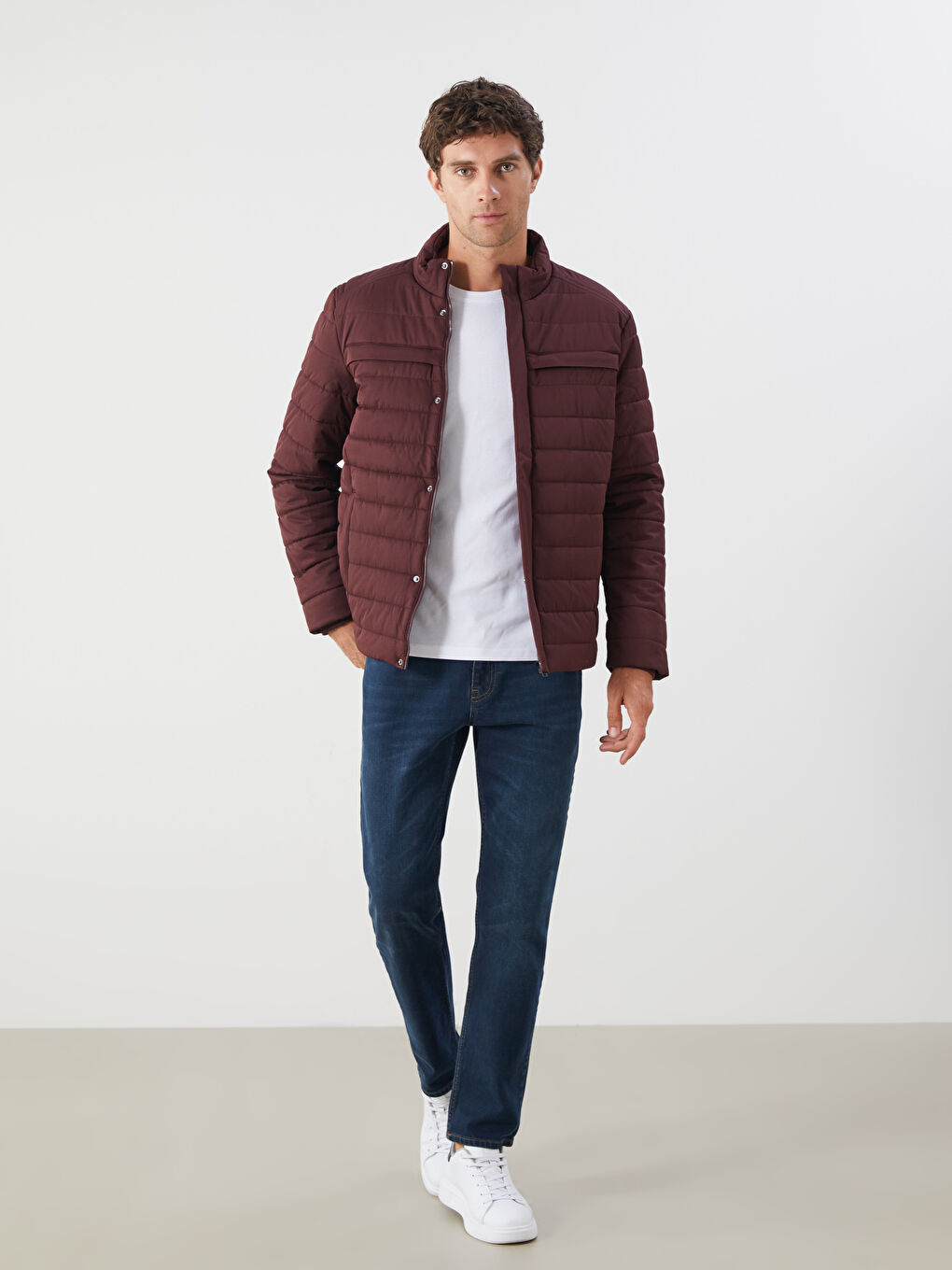 Bordo Standart Kalıp Dik Yaka Erkek Şişme Mont-1