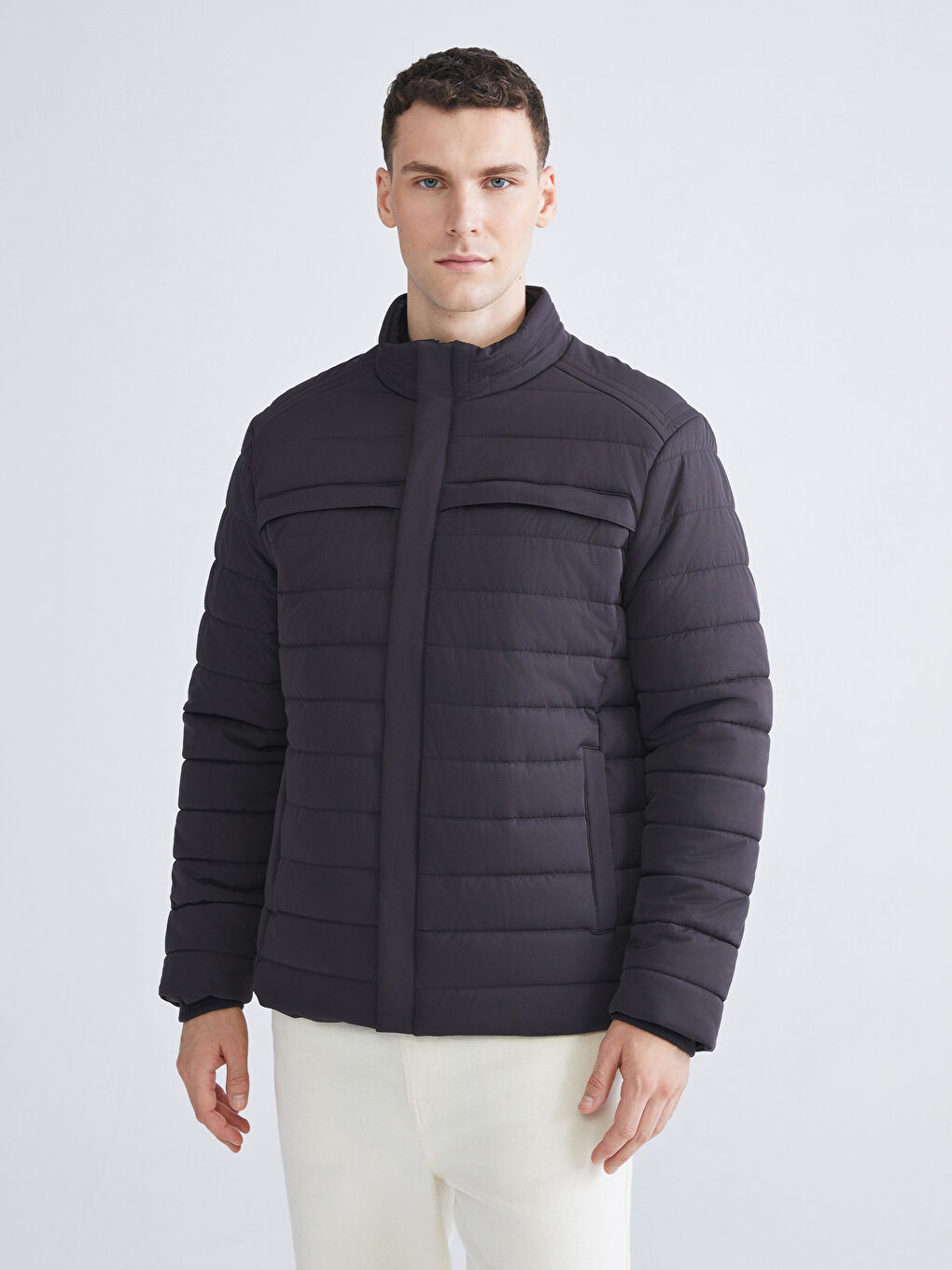 Antrasit Standart Kalıp Dik Yaka Erkek Şişme Mont