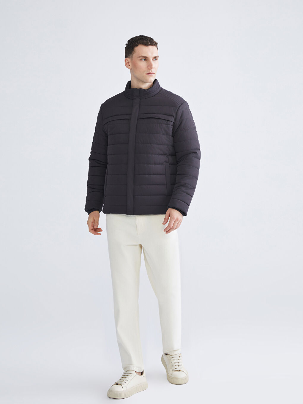 Antrasit Standart Kalıp Dik Yaka Erkek Şişme Mont-1