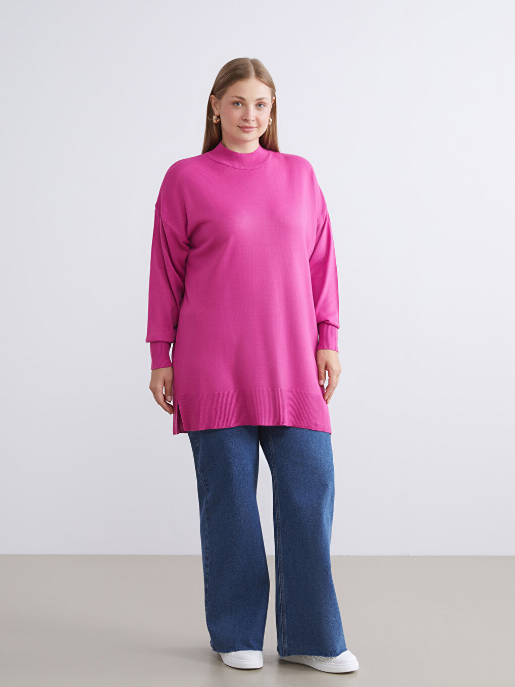 Fuşya Dik Yaka Kadın Triko Tunik-5