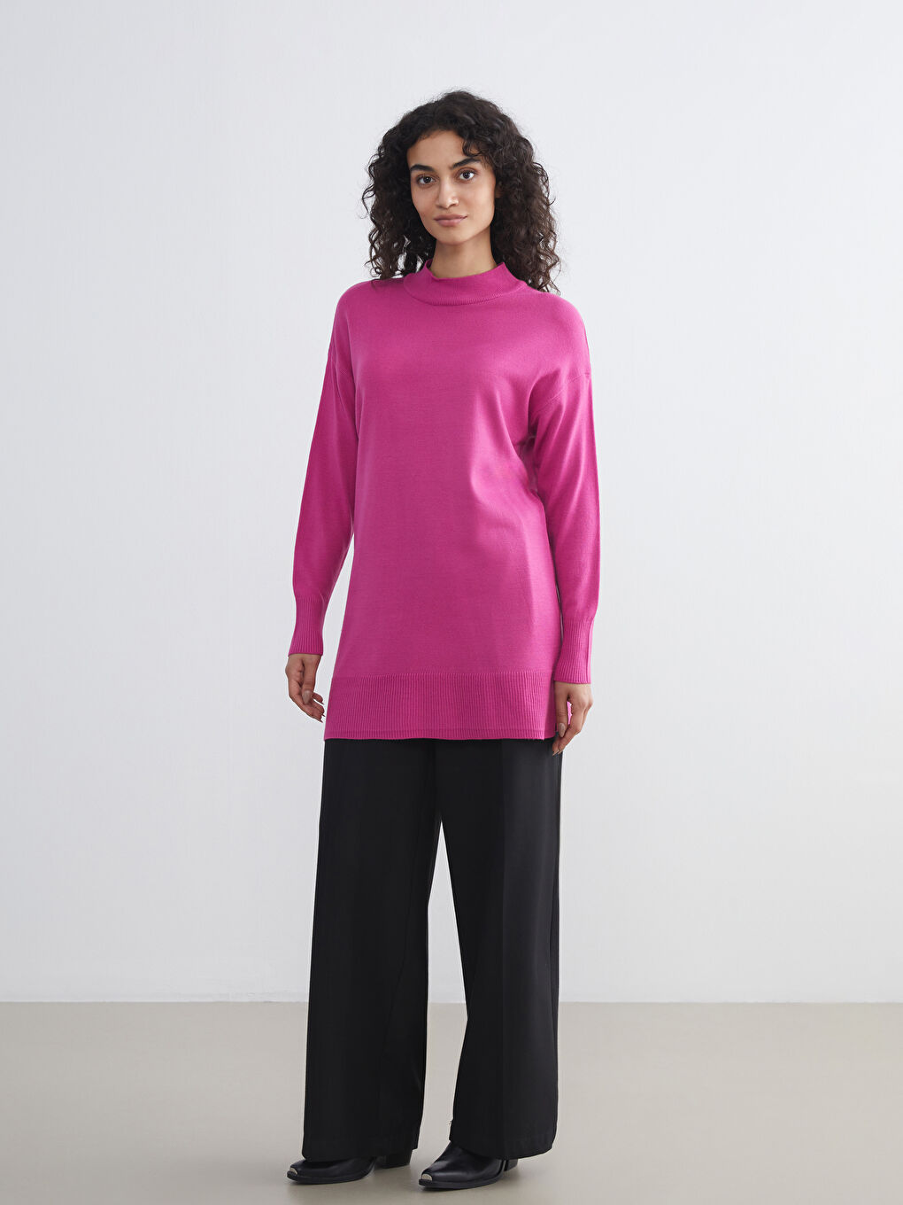 Fuşya Dik Yaka Kadın Triko Tunik-2