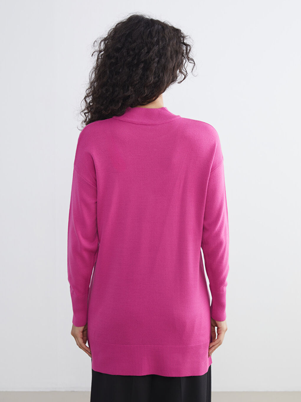Fuşya Dik Yaka Kadın Triko Tunik-4