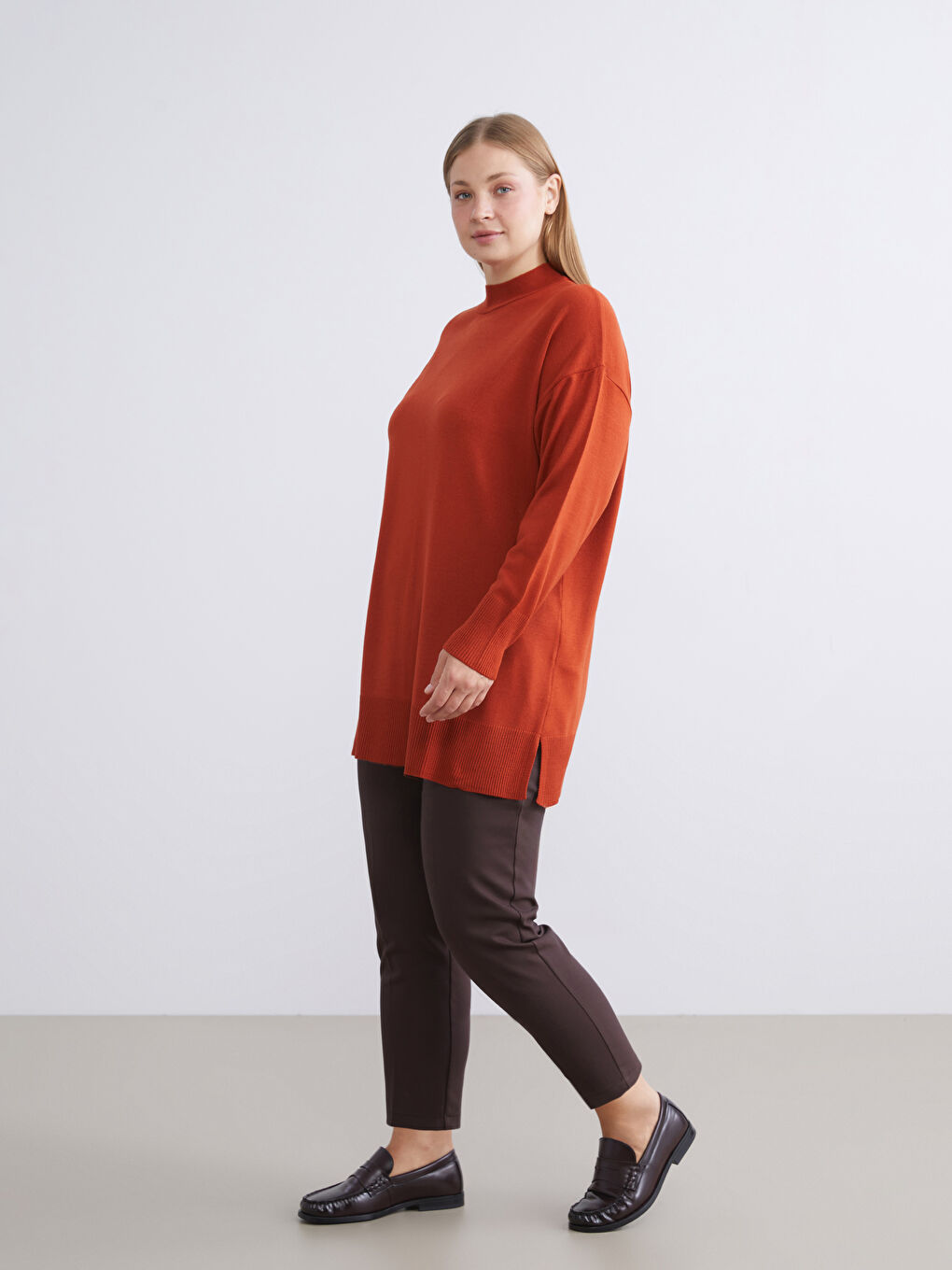 Turuncu Dik Yaka Kadın Triko Tunik-5