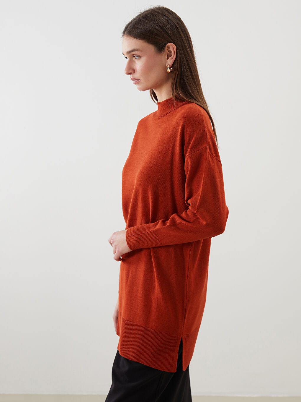 Turuncu Dik Yaka Kadın Triko Tunik