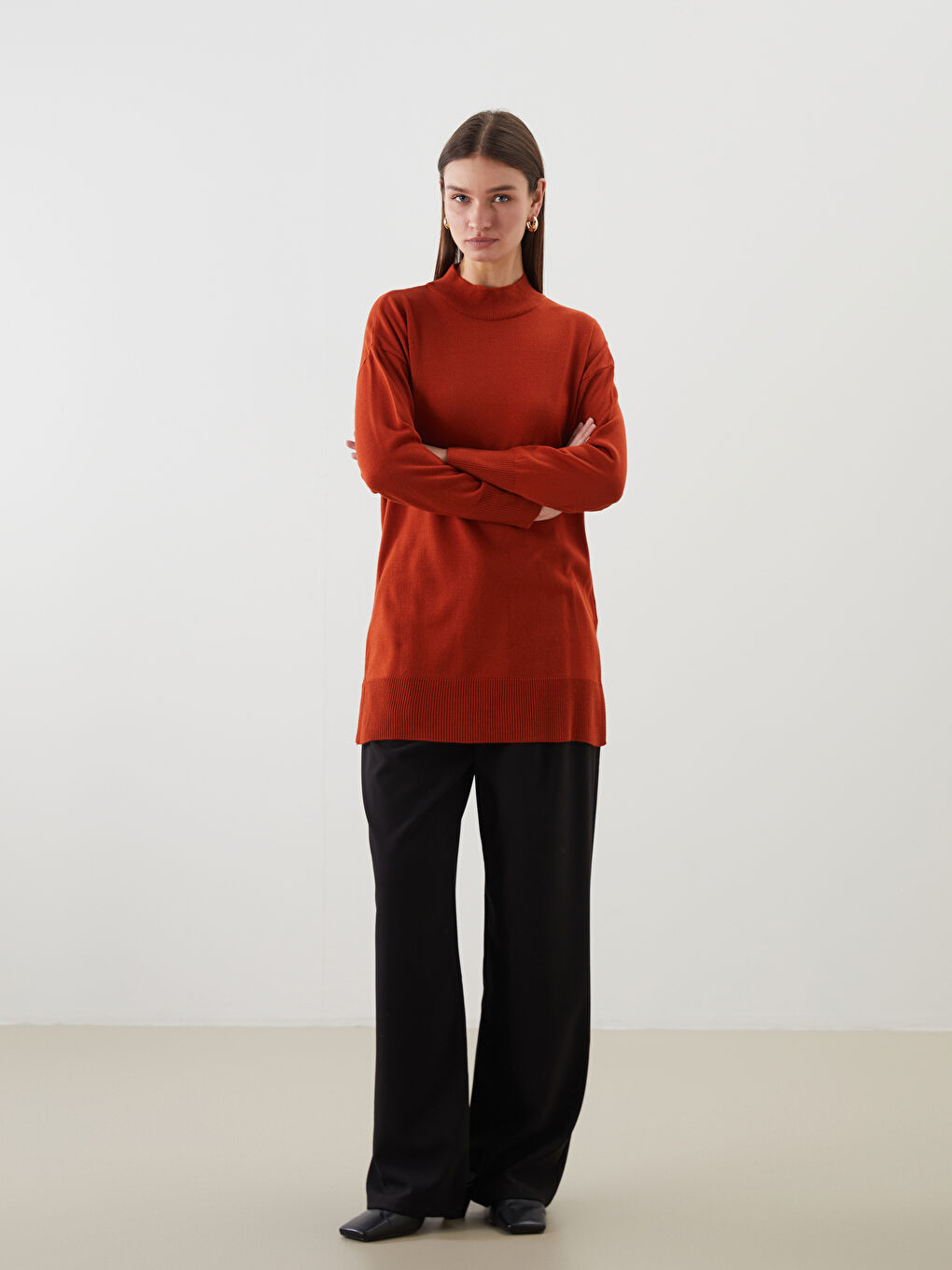 Turuncu Dik Yaka Kadın Triko Tunik-2