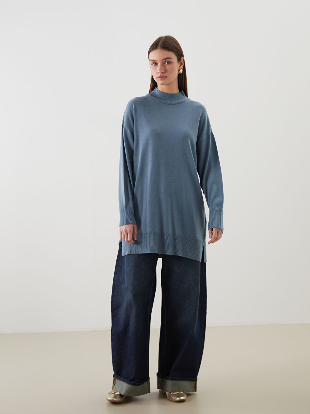 Mavi Dik Yaka Kadın Triko Tunik-1