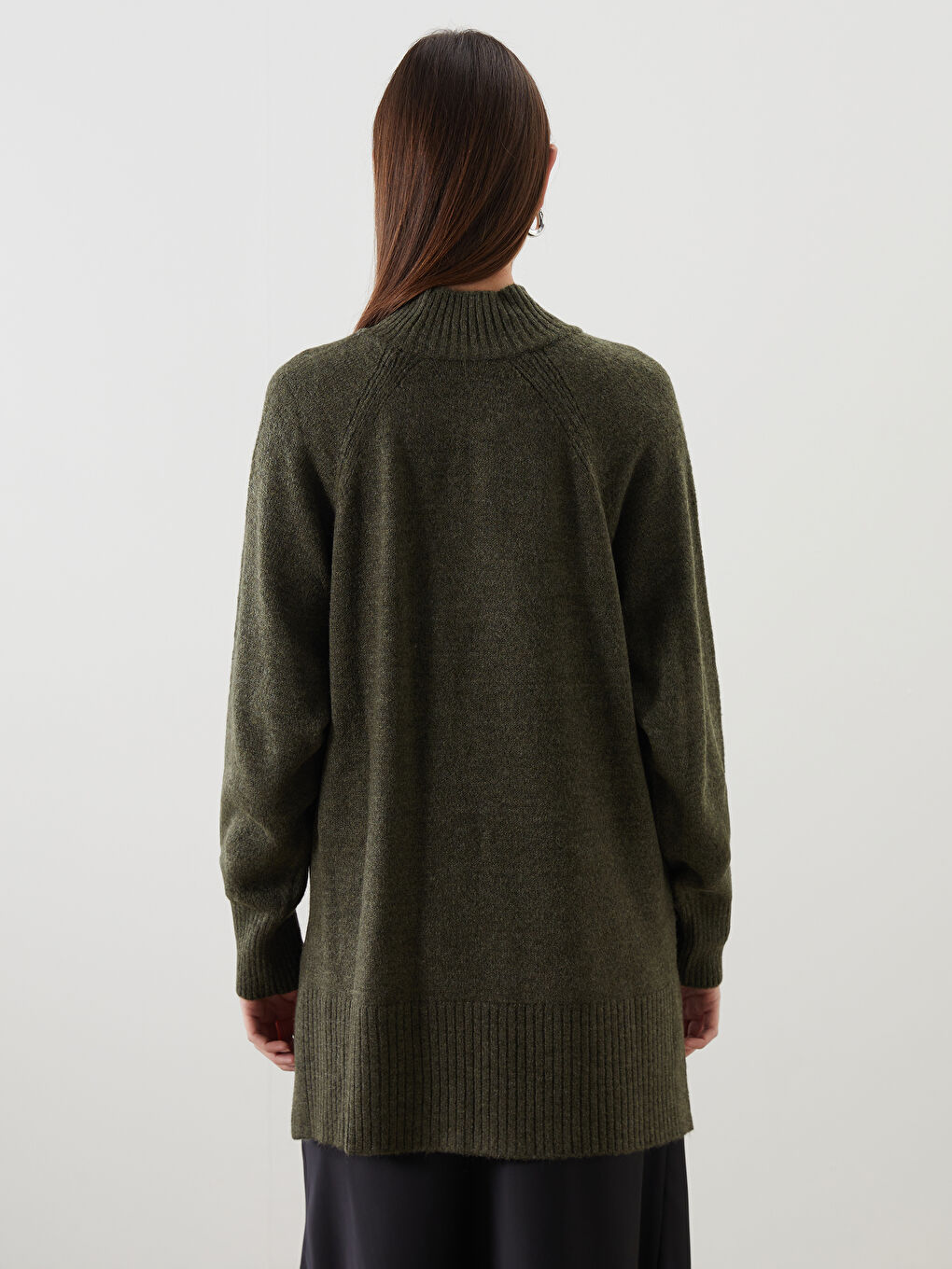 Haki Dik Yaka Oversize Kadın Triko Tunik-3