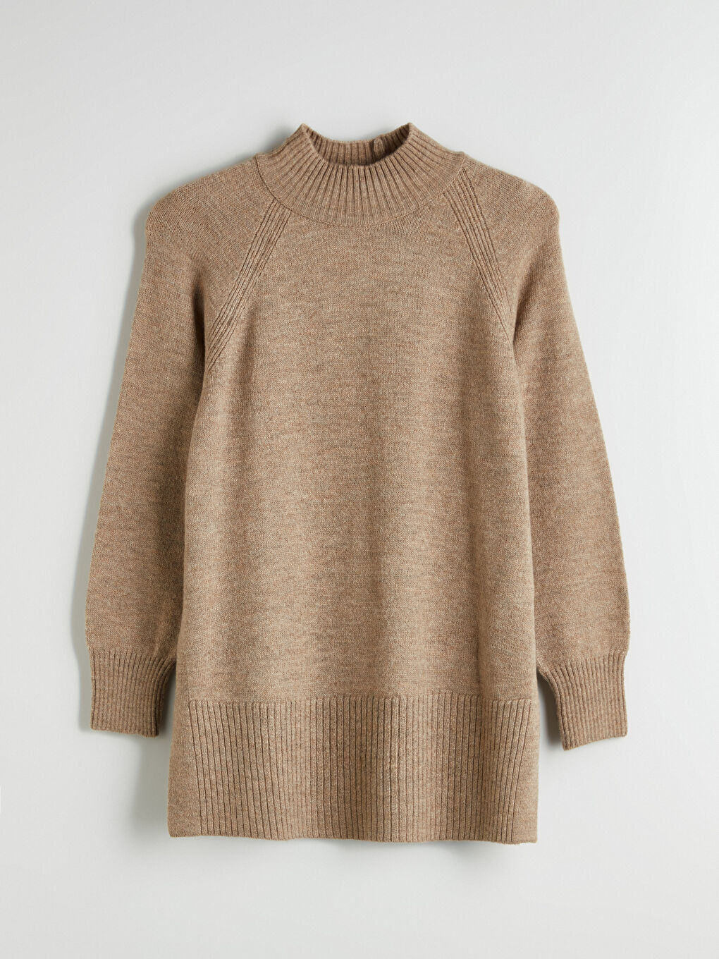 Bej Dik Yaka Oversize Kadın Triko Tunik-4