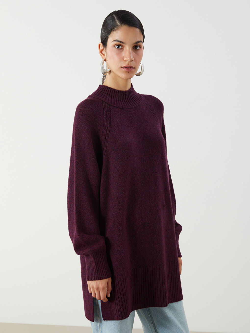 Mor Dik Yaka Oversize Kadın Triko Tunik-1