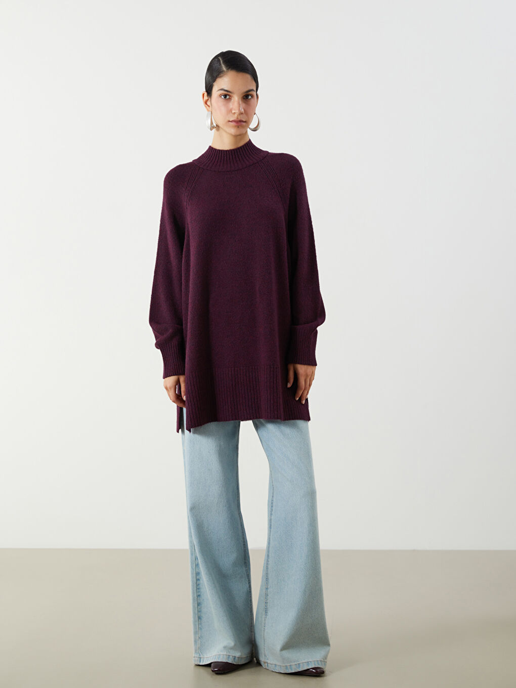 Mor Dik Yaka Oversize Kadın Triko Tunik-3