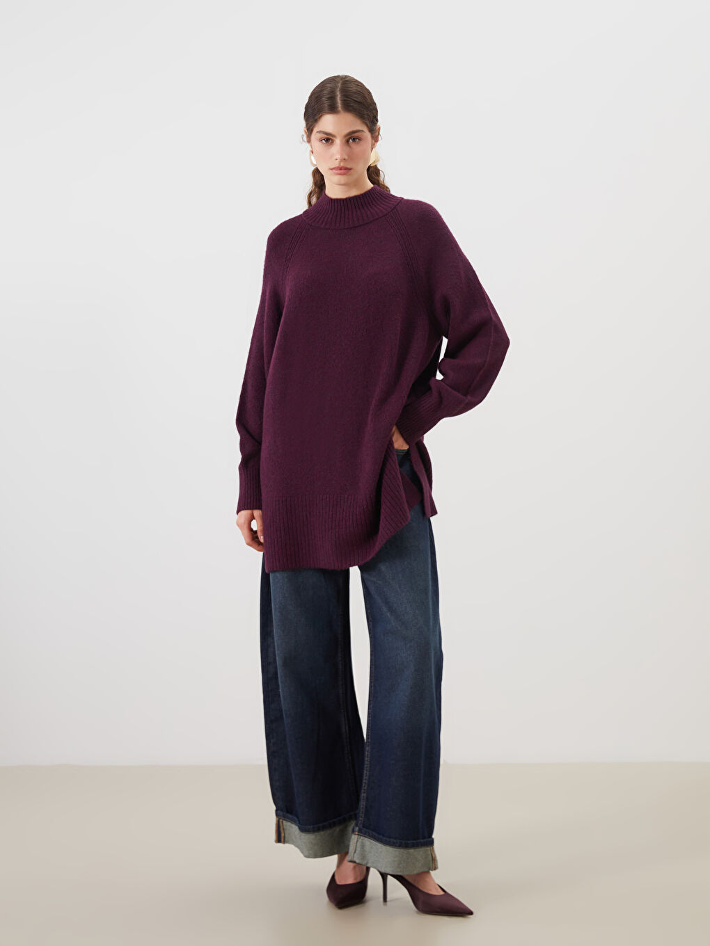 Mor Dik Yaka Oversize Kadın Triko Tunik-2