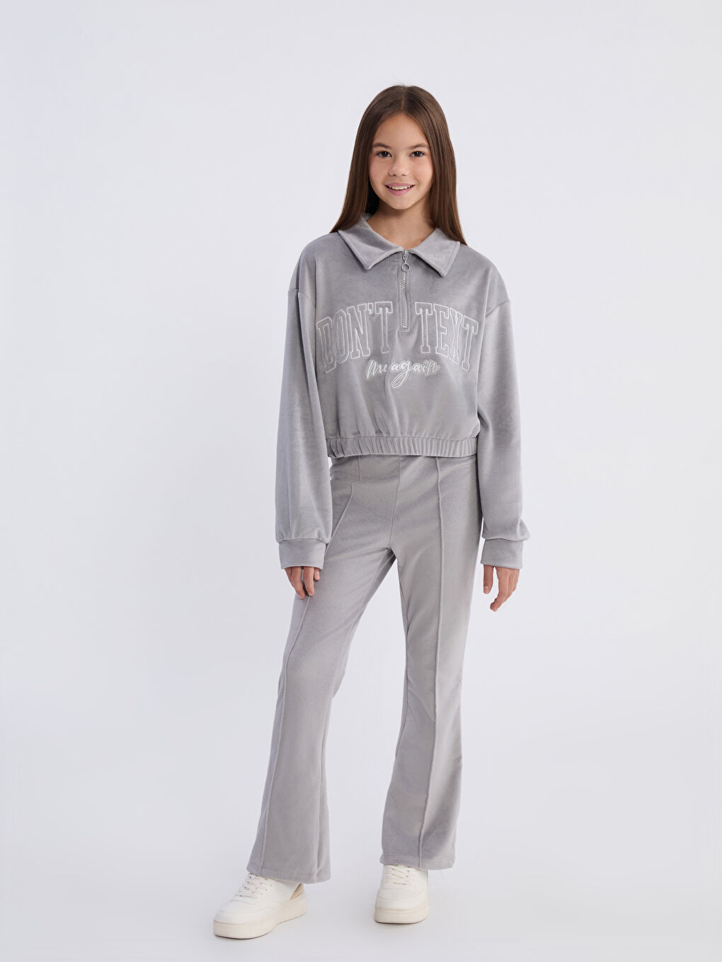 Gri Kadife Kız Çocuk Sweatshirt ve Tayt-1