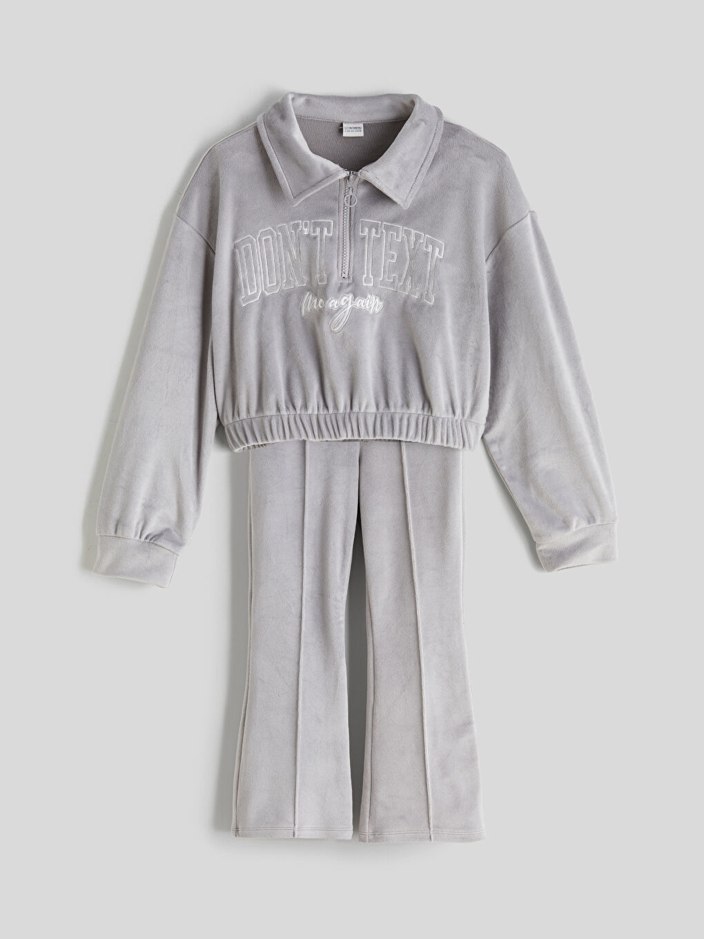 Gri Kadife Kız Çocuk Sweatshirt ve Tayt-2