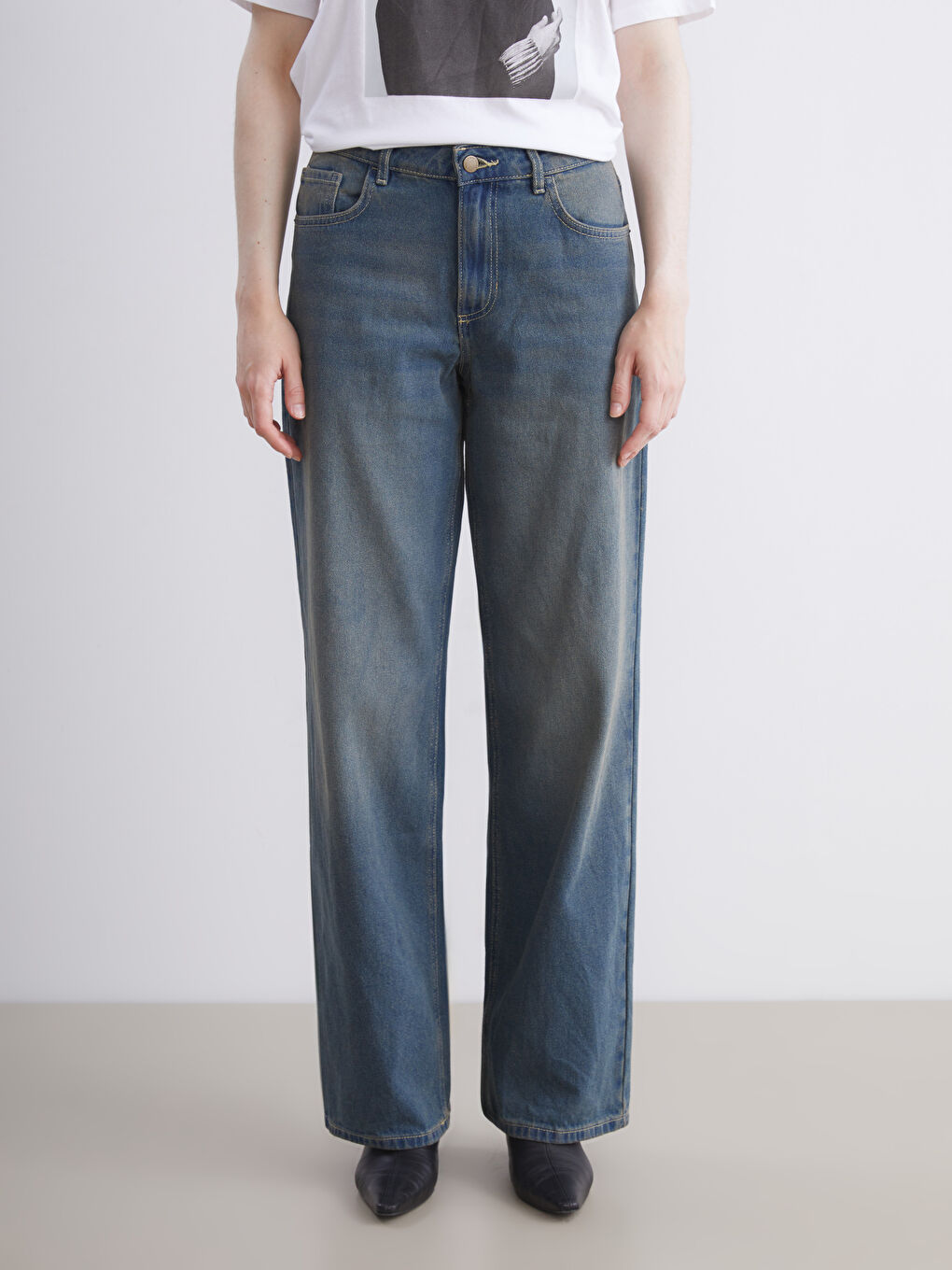 әйелдерге арналған кең пішім джинс шалбар-1