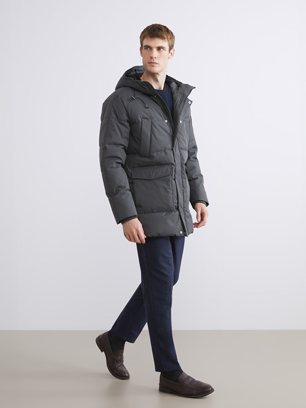 Ерлерге арналған стандартты пішім капюшонды пуховик пальто-1