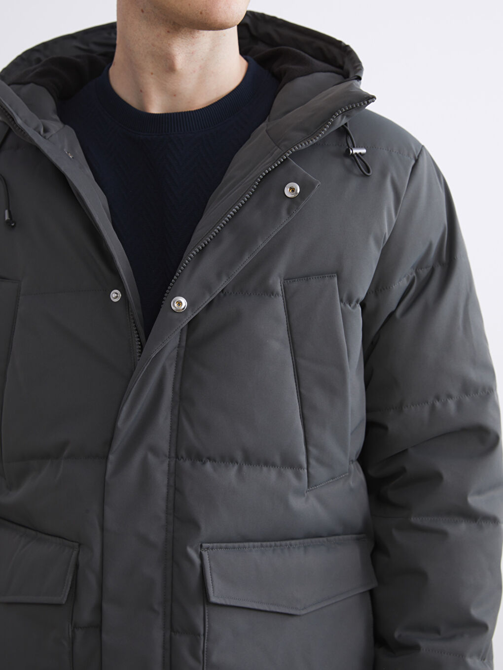 Ерлерге арналған стандартты пішім капюшонды пуховик пальто-2