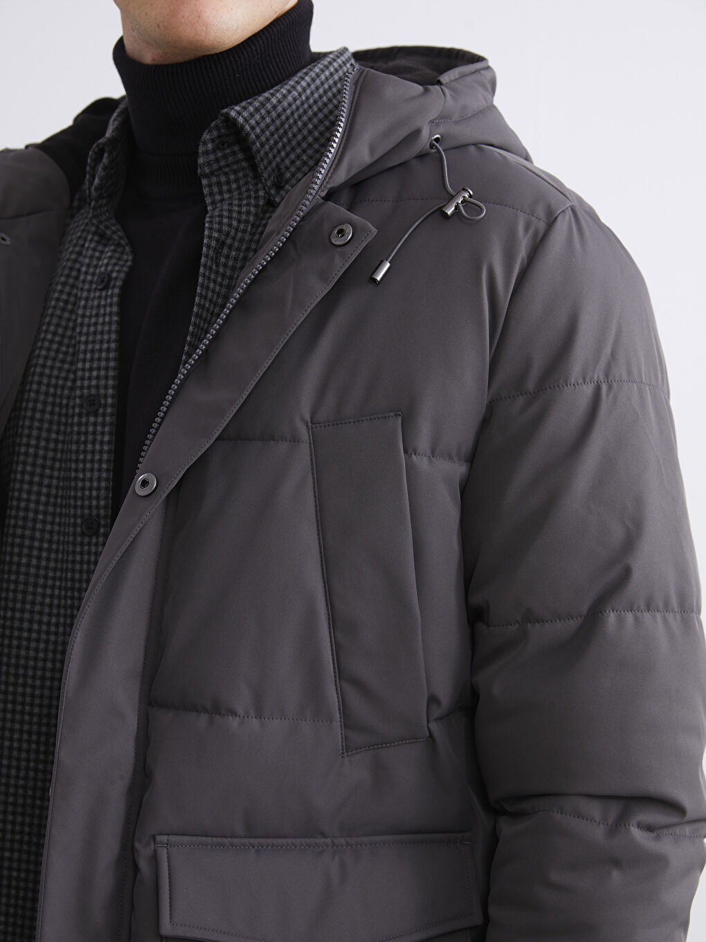 Gri Standart Kalıp Kapüşonlu Erkek Şişme Mont-2