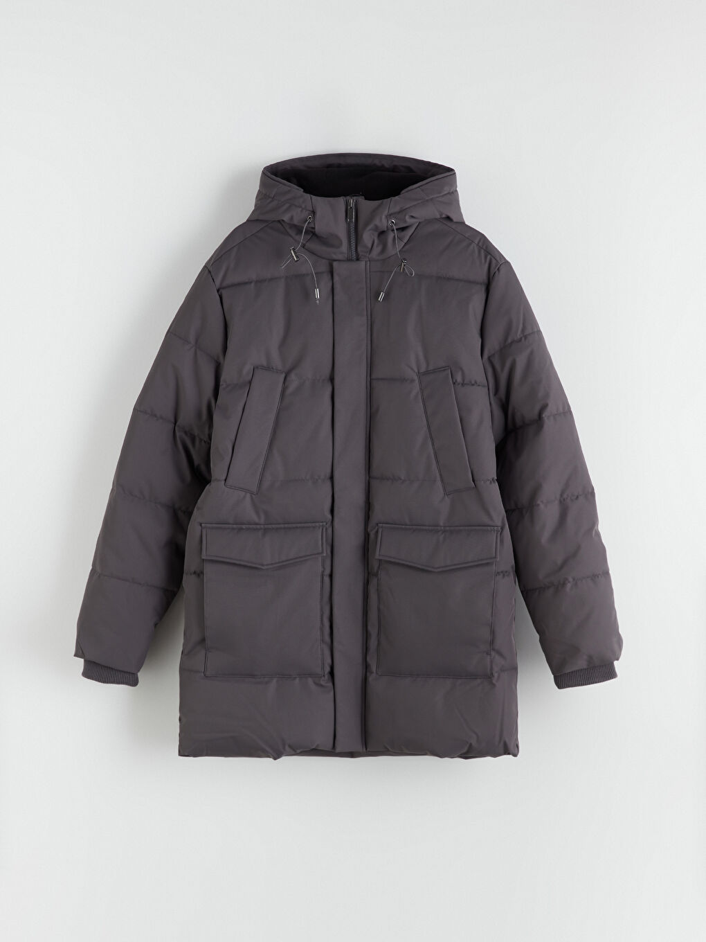 Gri Standart Kalıp Kapüşonlu Erkek Şişme Mont-5