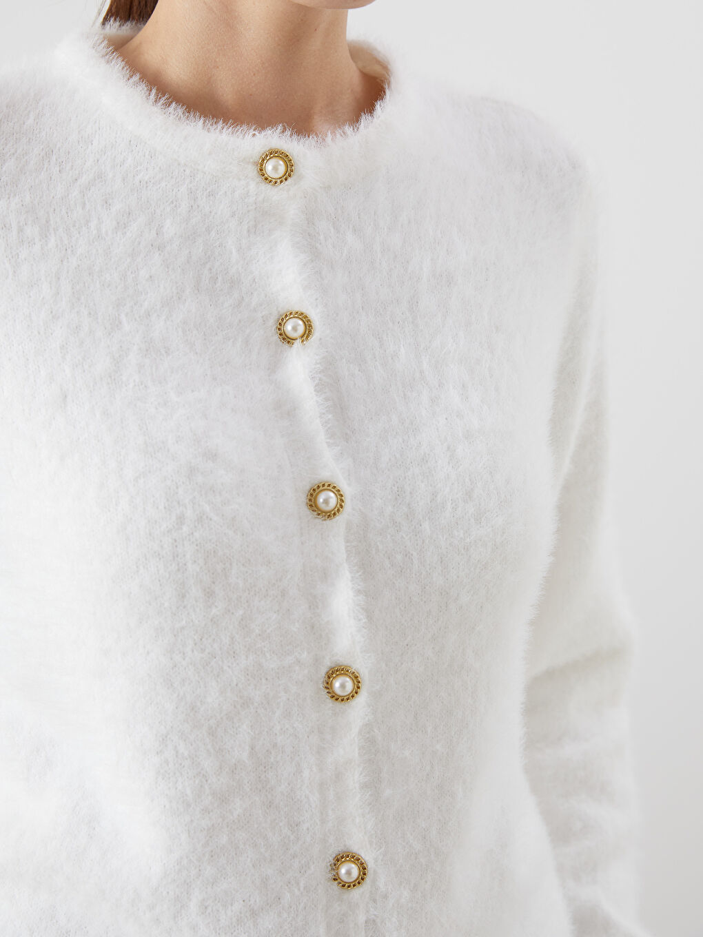 Ekru Bisiklet Yaka Kadın Triko Hırka-2