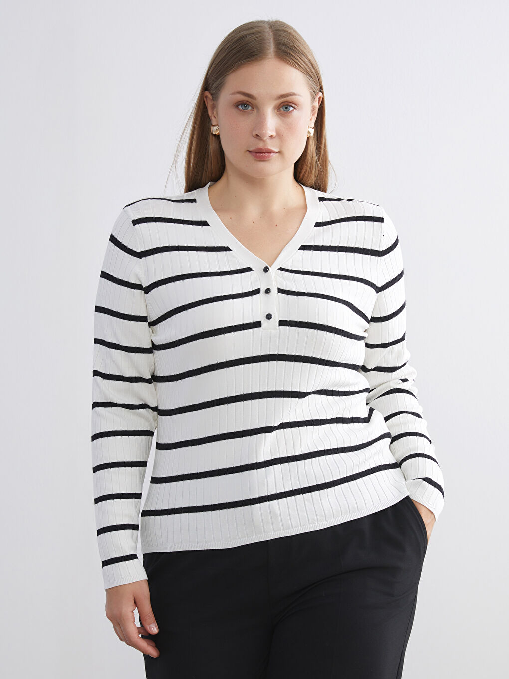 V Neck Striped Women's Knitwear Sweater-1