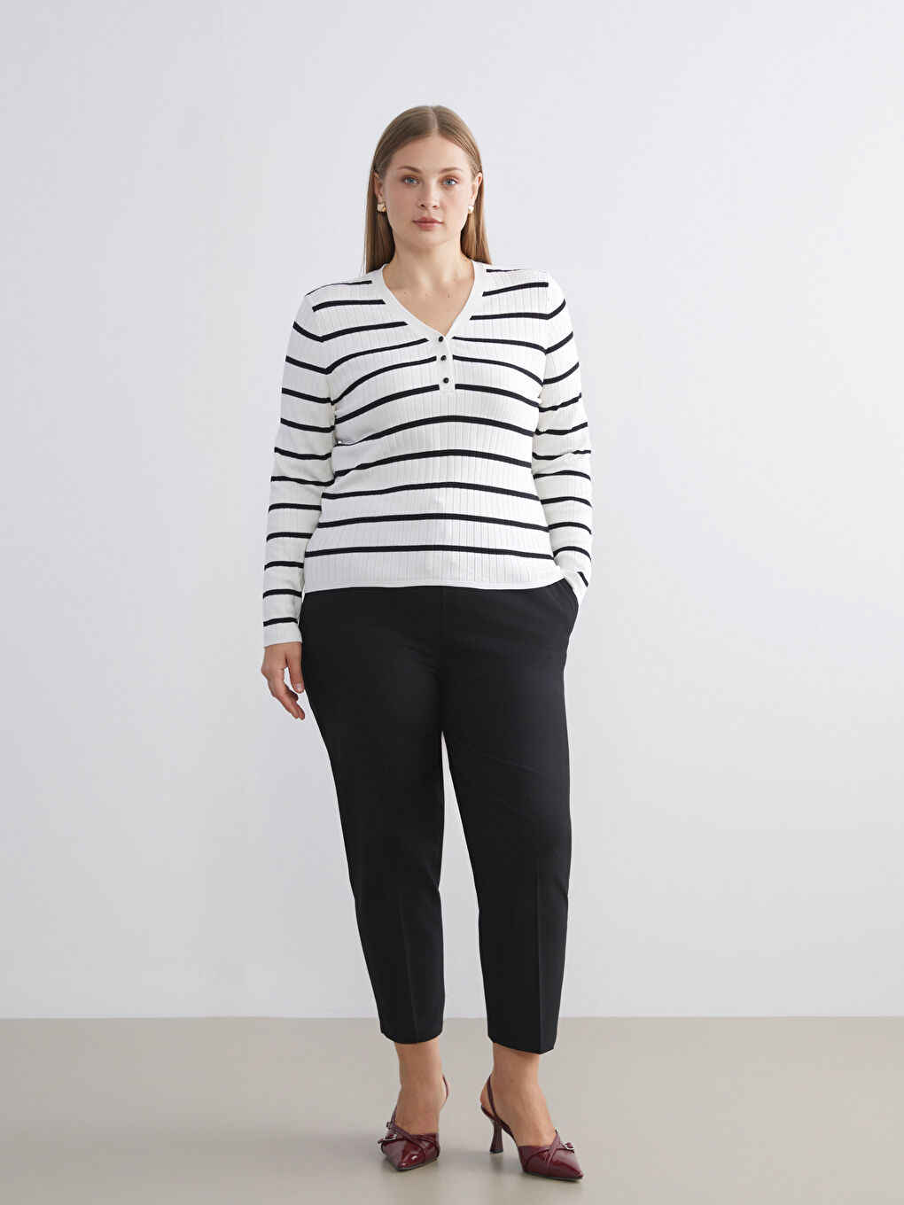 V Neck Striped Women's Knitwear Sweater-6