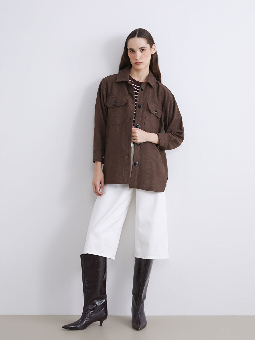 جاكيت قميص فلانيل واسع الحجم للسيدات-1