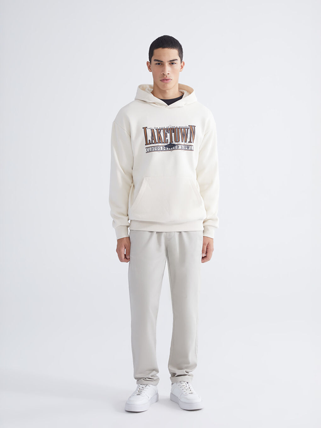 Мъж Бежово Суитшърт с качулка-3