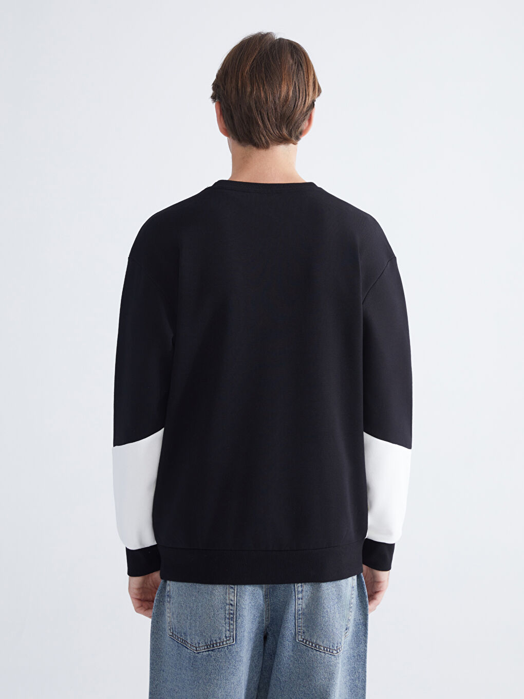 Siyah Bisiklet Yaka Baskılı Erkek Kalın Sweatshirt-3