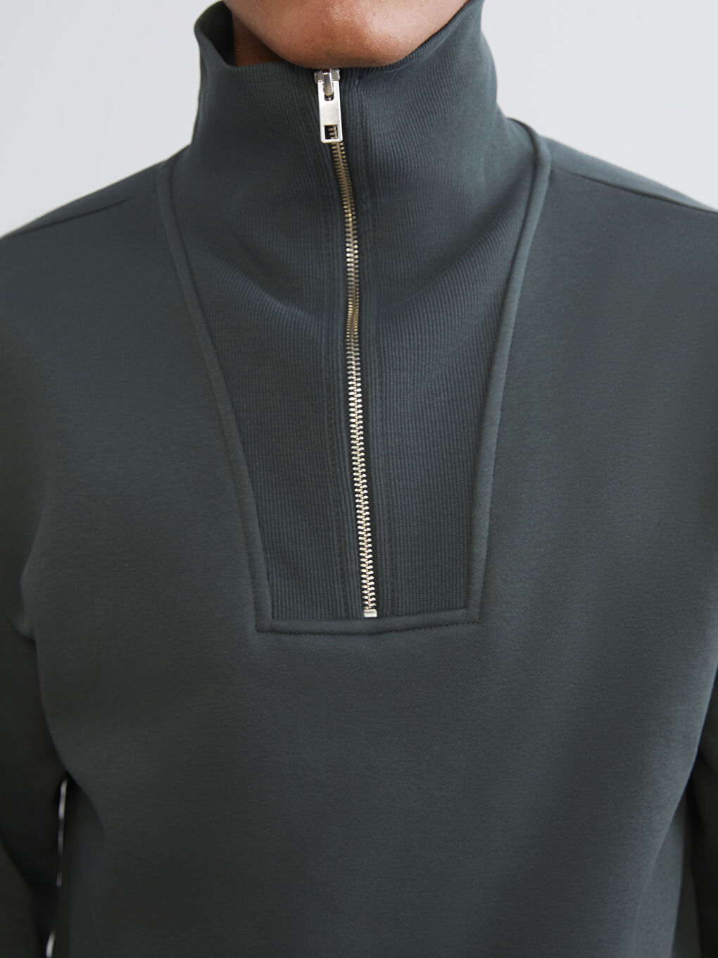 Haki Fermuarlı Dik Yaka Erkek Kalın Sweatshirt-2